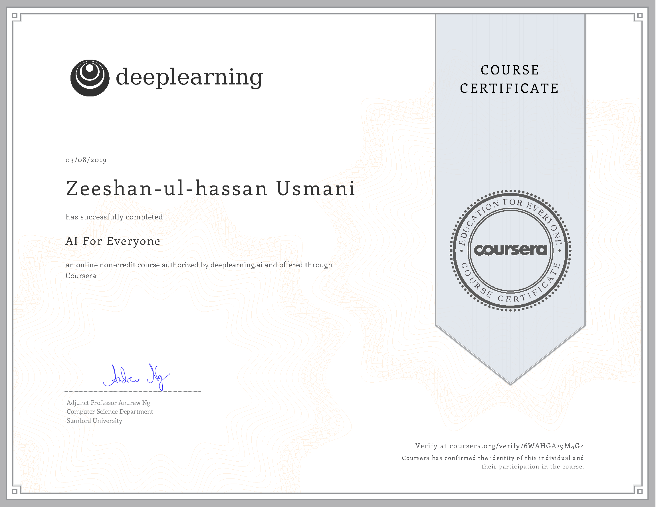 AI For Everyone Certificate