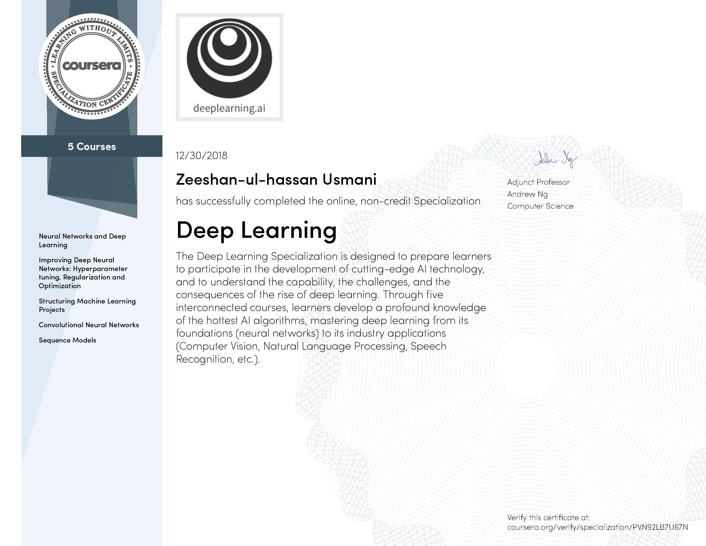 Deep Learning Specialization Certificate