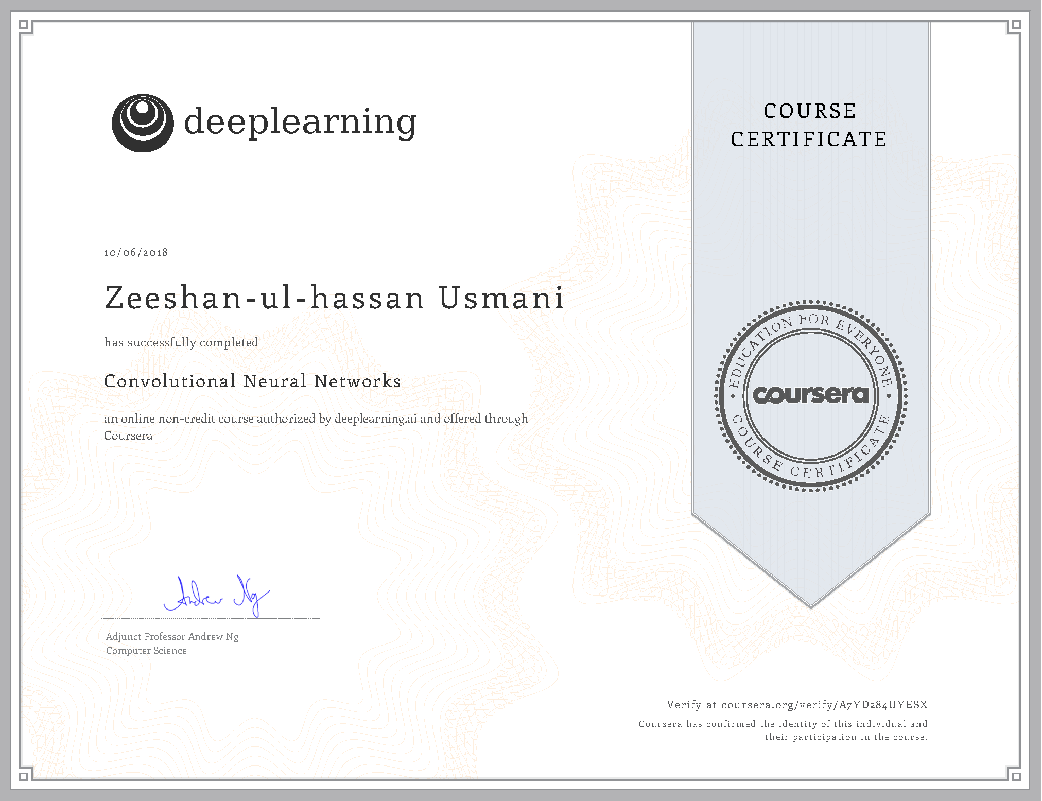 Convolutional Neural Networks Certificate