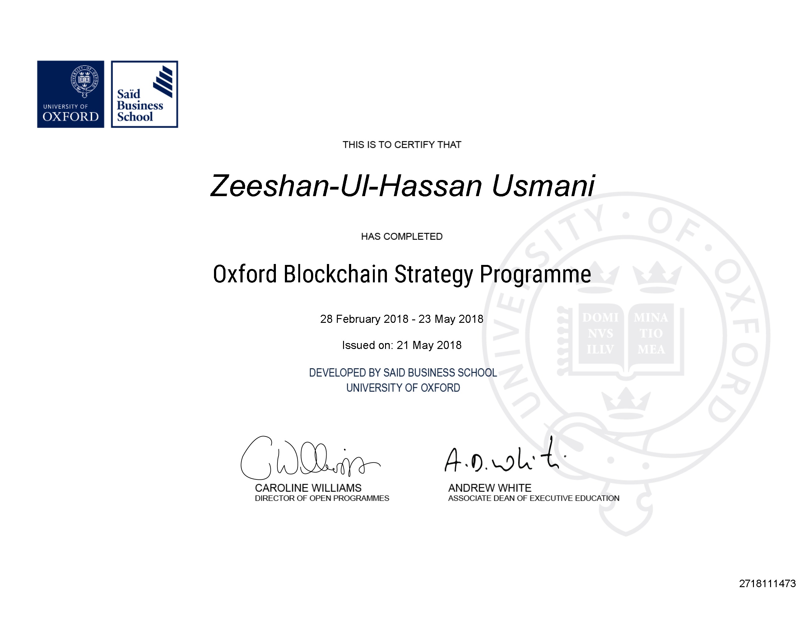 Oxford Blockchain Program Certificate Certificate