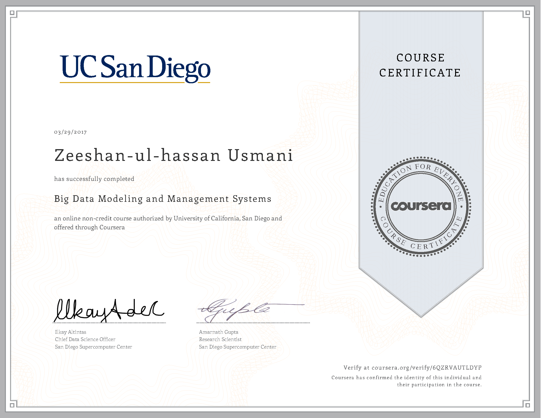 Big Data Modeling and Management Systems Certificate
