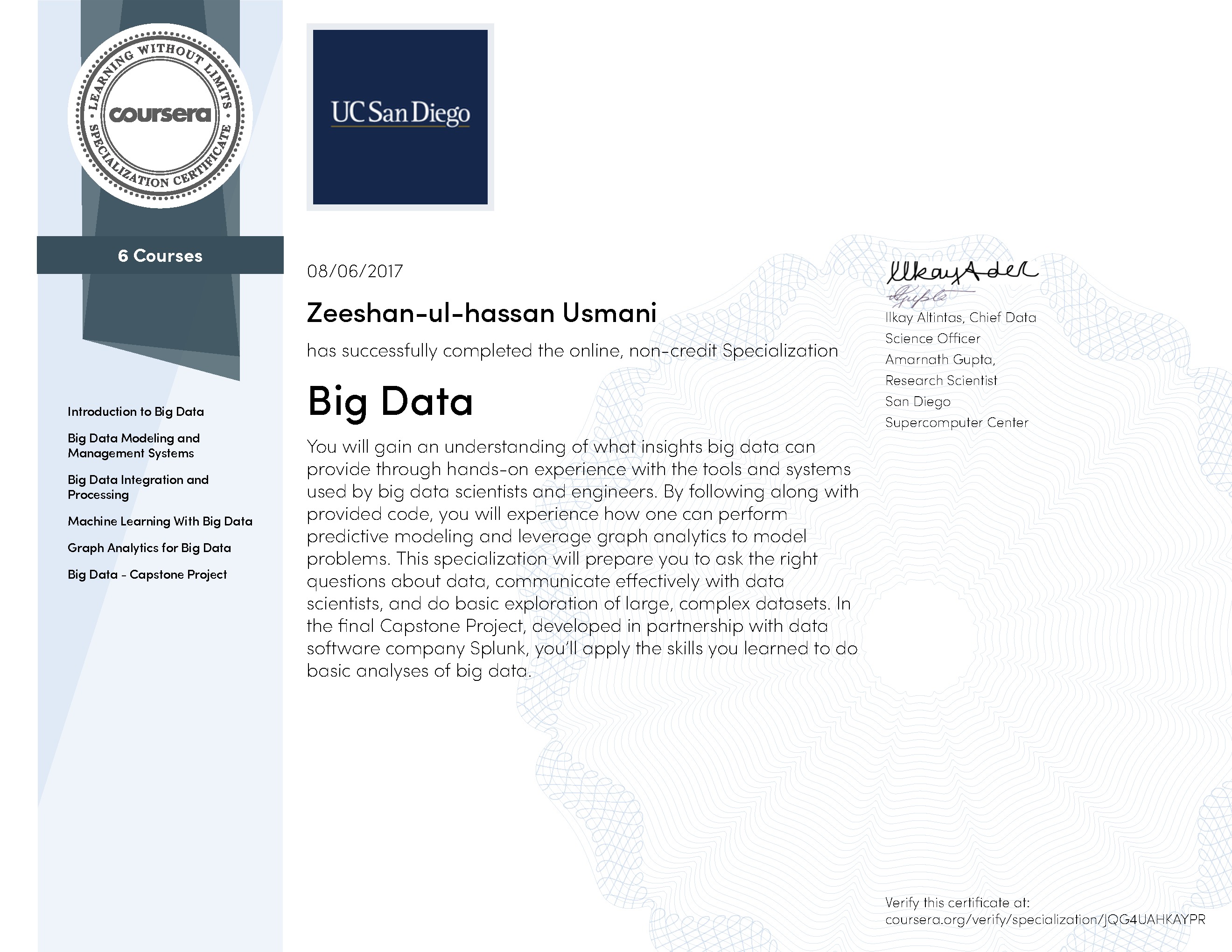 Big Data Specialization Certificate