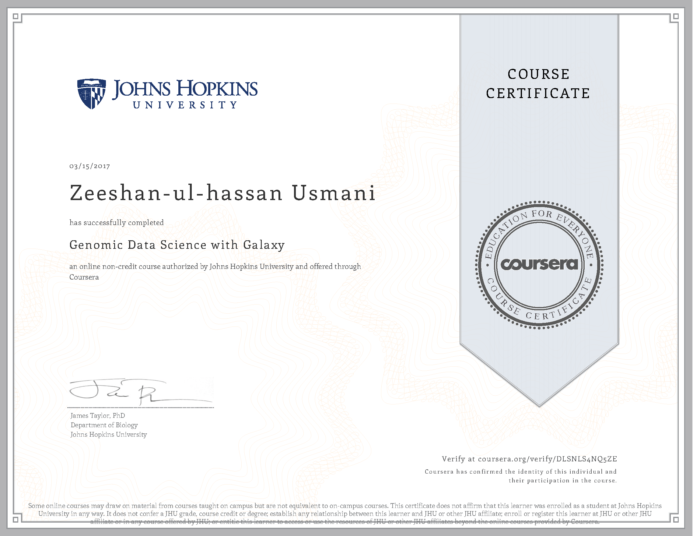 Genomic Data Science with Galaxy Certificate
