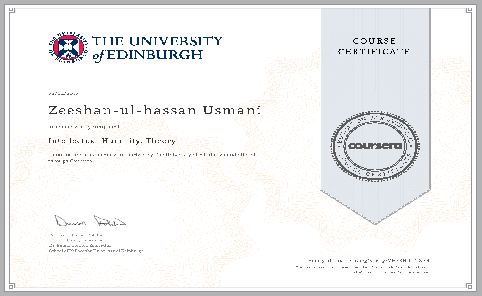 Intellectual Humility: Theory Certificate