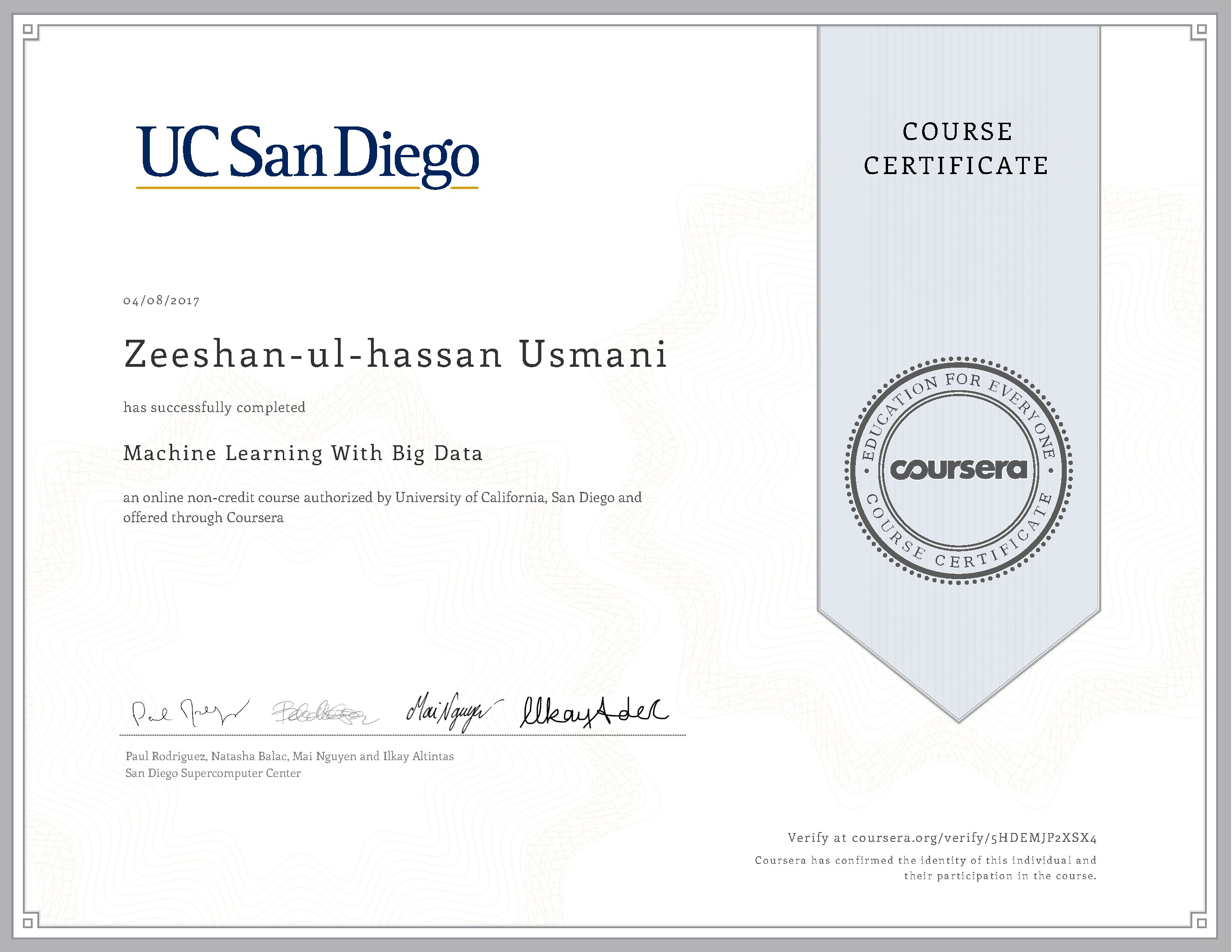 Machine Learning with Big Data Certificate